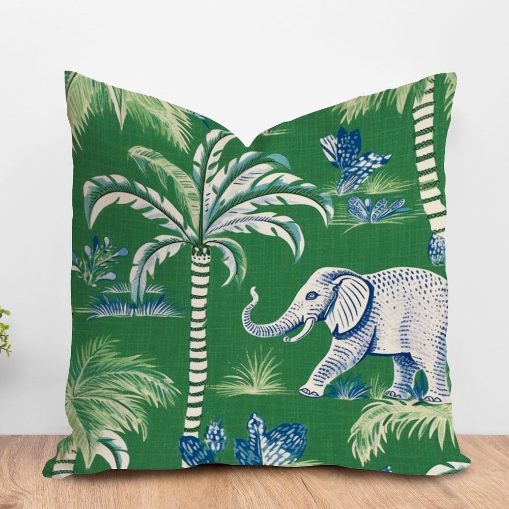ArogGeld Green with Elephant and Donkey Sofa Pillowcase Chinoiserie Green Tree and Animal Decorative Throw Pillow Cushion Asian Scenic Chic Chinoiserie Farmhouse Check Pillow 16x16in