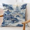 ArogGeld Japanese Chinoiserie Cushion Cover Chinoiserie Asian Blue Pagoda Throw Pillow Covers Oriental Ancient China Garden Throw Pillowcase Farmhouse Decor for Sofa Couch 16x16in White Flax view 3