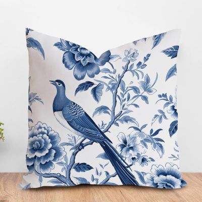 ArogGeld Blue Indigo Floral and Bird Cushion Cover Navy Blue Chinoiserie Peony Flower Square Throw Pillow Traditional Chinese Chinoiserie Euro Sham Pillow for Living Room 16x16in White Linen