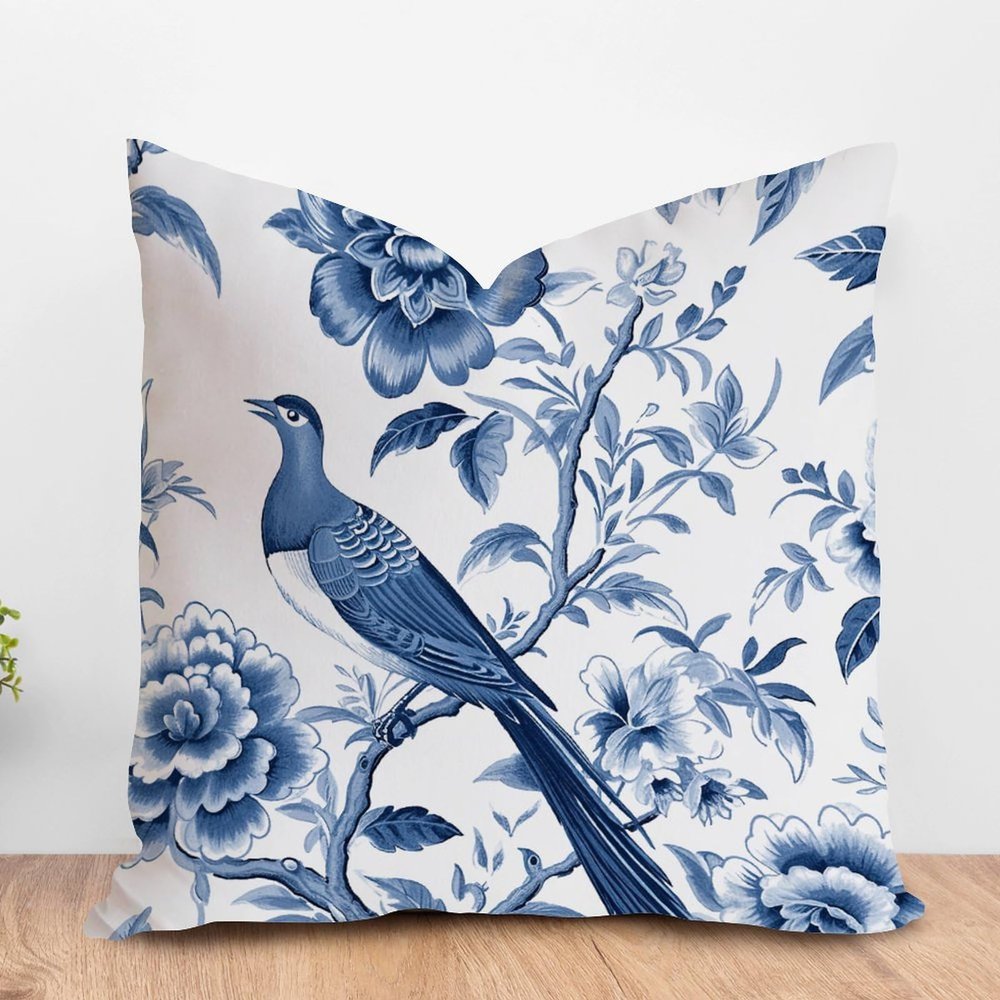 ArogGeld Blue Indigo Floral and Bird Cushion Cover Navy Blue Chinoiserie Peony Flower Square Throw Pillow Traditional Chinese Chinoiserie Euro Sham Pillow for Living Room 16x16in White Linen