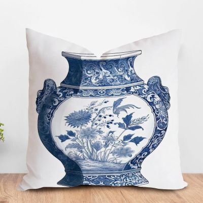 ArogGeld Blue Chinoiserie Vase Farmhouse Sofa Cushion Cover Blue and White Porcelain Oriental Garden Home Decor Cushion Covers Japanese Chinoiserie Accent Pillow 26x26in White Linen