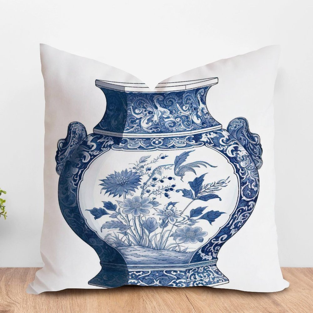 ArogGeld Blue Chinoiserie Vase Farmhouse Sofa Cushion Cover Blue and White Porcelain Oriental Garden Home Decor Cushion Covers Japanese Chinoiserie Accent Pillow 26x26in White Linen