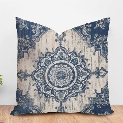 ArogGeld Blue Damask with Navy Farmhouse Cushion Covers Blue Flower Turkish Moorish Style Home Decor Cushion Cover Chinoiserie Double Side Pillowcase for Chair Sofa 22x22in White Linen