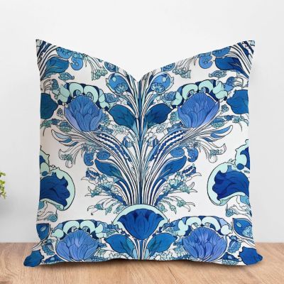 ArogGeld Damask Floral Geometry Blue Turquoise Farmhouse Sofa Pillowcase Indigo White and Blue Flower Damask White Linen Cushion Cover Chinoiserie Chic Asian Accent Pillow with Zipper 16x16in