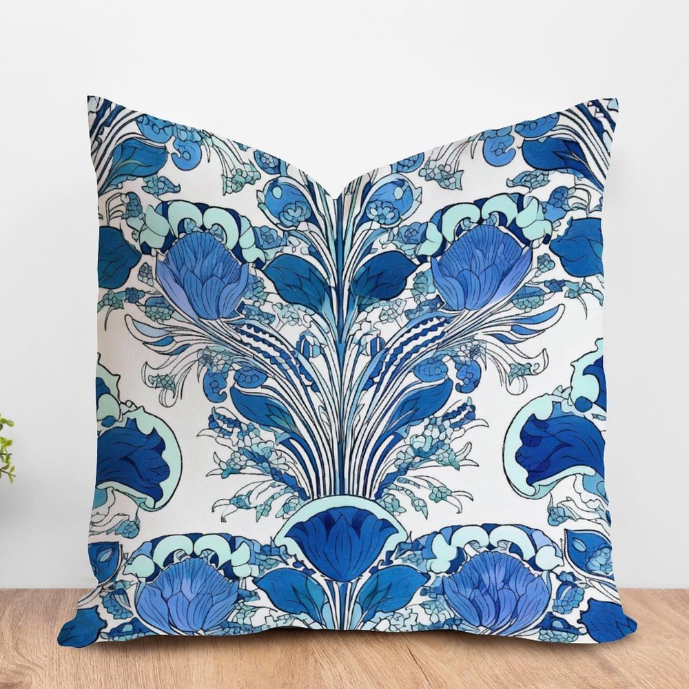 ArogGeld Damask Floral Geometry Blue Turquoise Farmhouse Sofa Pillowcase Indigo White and Blue Flower Damask White Linen Cushion Cover Chinoiserie Chic Asian Accent Pillow with Zipper 16x16in