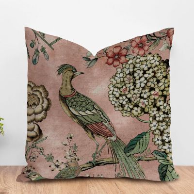 ArogGeld Hydrangea Camellia and Peacock Farmhouse Throw Pillow Covers Pink Blush Chinoiserie Bird White Linen Sofa Cushion Cover Chinoiserie Asian Check Pillow for Living Room 16x16in