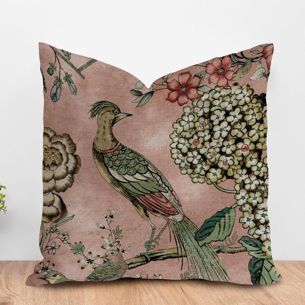 ArogGeld Hydrangea Camellia and Peacock Farmhouse Throw Pillow Covers Pink Blush Chinoiserie Bird White Linen Sofa Cushion Cover Chinoiserie Asian Check Pillow for Living Room 16x16in