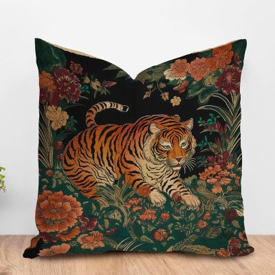 ArogGeld Colorful Flower Animal Print Tiger Farmhouse Throw Pillow Cover Animal Tiger Stripe Floral White Linen Cushion Cover Chinoiserie Style Accent Pillow for Sofa Couch Car Chair 24x24in