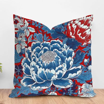ArogGeld Red and Blue Chinoiserie Floral Peony Farmhouse Throw Pillow Cushion Watercolor Indigo Blue Flower Home Decor Cushion Covers Chinoiserie Euro Sham Pillow 24x24in White Linen
