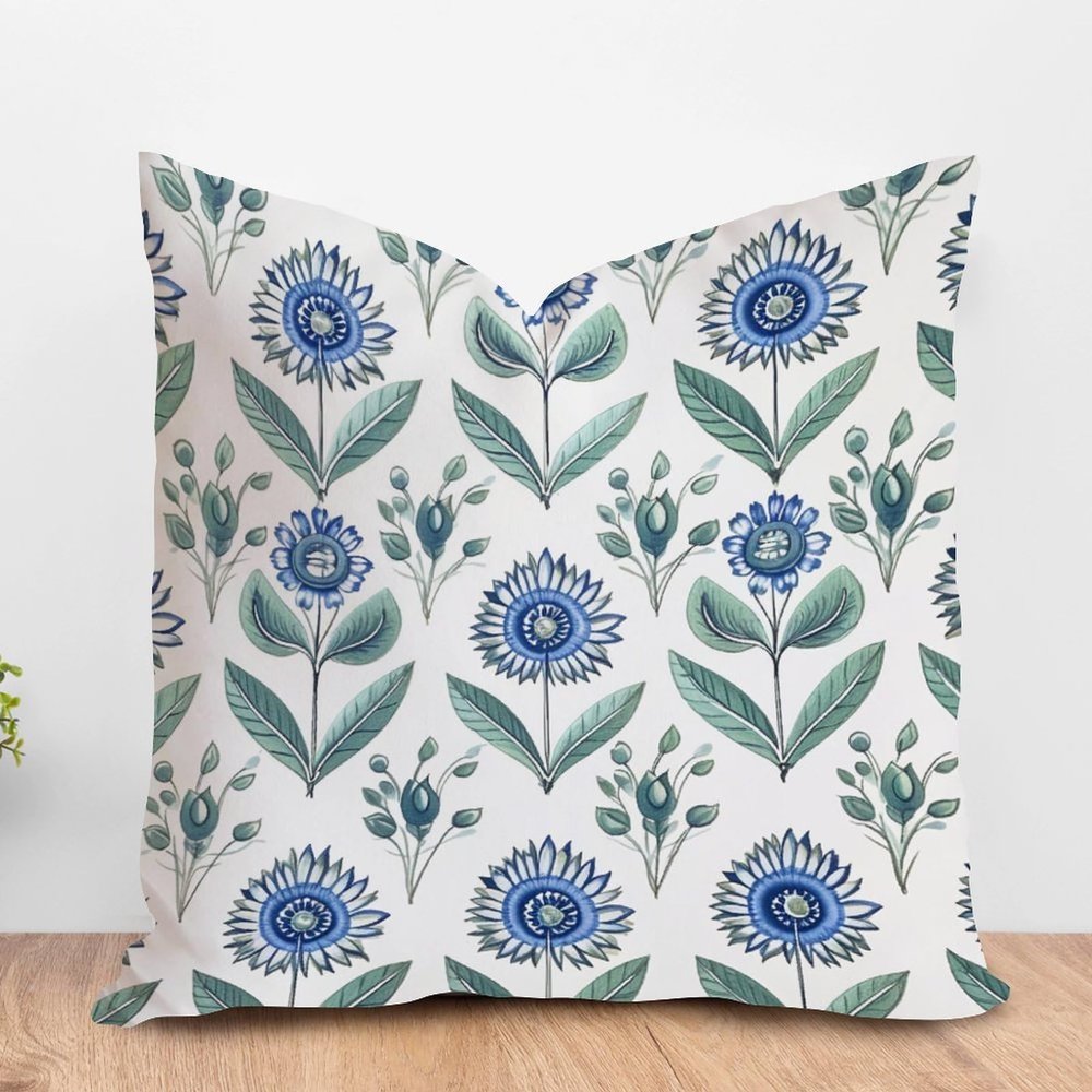 ArogGeld Indigo Blue Lotus Flower Throw Pillow Botanical Floral Blue Lotus Decorative Throw Pillow Cushion Chinoiserie Chic Farmhouse Cushion Case for Office Car Chair Sofa 18x18in White Flax