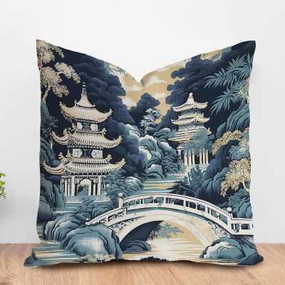 ArogGeld Aqua Teal Blue Asian Scenic Pagoda Throw Pillow Oriental Ancient Pagoda China Garden Decorative Cushion Covers Chinoiserie Farmhouse Cushion Case for Living Room 16x16in White Flax
