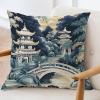 ArogGeld Aqua Teal Blue Asian Scenic Pagoda Throw Pillow Oriental Ancient Pagoda China Garden Decorative Cushion Covers Chinoiserie Farmhouse Cushion Case for Living Room 16x16in White Flax view 3