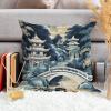 ArogGeld Aqua Teal Blue Asian Scenic Pagoda Throw Pillow Oriental Ancient Pagoda China Garden Decorative Cushion Covers Chinoiserie Farmhouse Cushion Case for Living Room 16x16in White Flax view 4