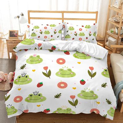 BIDY Red Strawberry Doughnut Flowers Pattern Girls Comforter Cover Set King Size Cartoon Green Frog Head Print Duvet Cover Bedding Sets Modern Kids Adult Bedroom Quilt Cover Set with 2Pillowcase