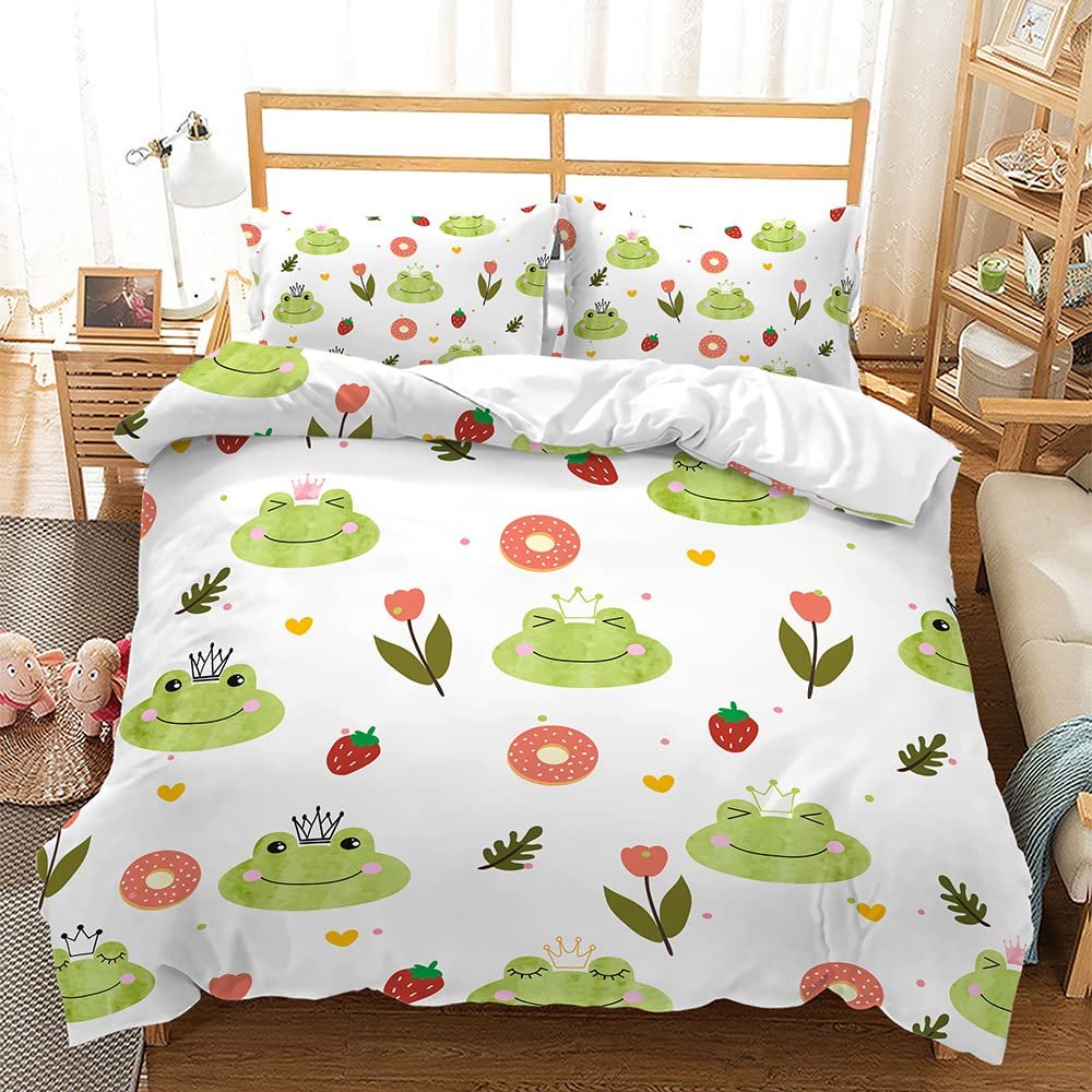 BIDY Red Strawberry Doughnut Flowers Pattern Girls Comforter Cover Set King Size Cartoon Green Frog Head Print Duvet Cover Bedding Sets Modern Kids Adult Bedroom Quilt Cover Set with 2Pillowcase