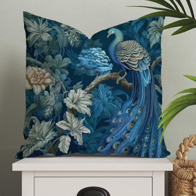 MangGou Bird Floral Peacock Euro Sham Pillow Covers Chinoiserie Pillow Case Asian Animal Throw Pillow Navy Blue Cushion Cover 24x24in Decorative Pillowcase Home Decor for Sofa Living Room Bedroom