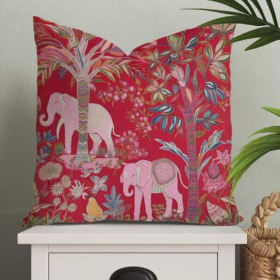 MangGou Chinoiserie Goa Primitive Flora and Fauna Elephant Pillow Covers Asian Throw Pillow Cover Pink Colorful Pillow Case Animal Cushion Cover Home Decor for Bedroom Living Room Sofa 26x26in