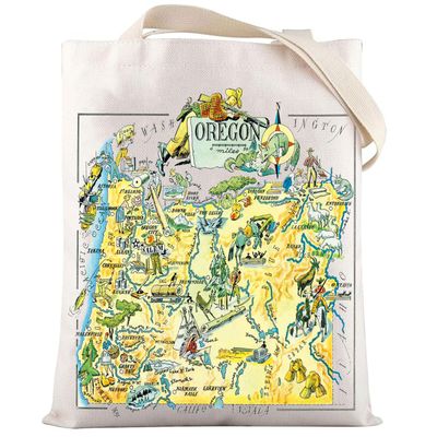 LEVLO Fun State Map Of Oregon Canvas Tote Bag Oregon Travel Souvenir Gift 1940s Oregon Cartoon Illustration Shoulder Bag (OREGON Tote)
