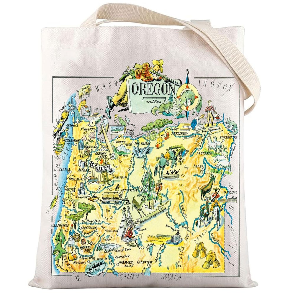LEVLO Fun State Map Of Oregon Canvas Tote Bag Oregon Travel Souvenir Gift 1940s Oregon Cartoon Illustration Shoulder Bag (OREGON Tote)
