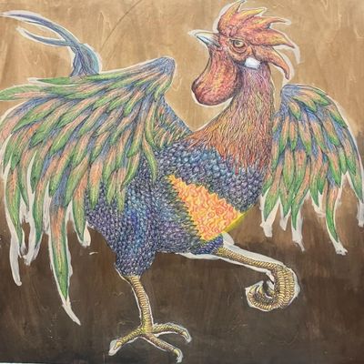 COSMOS GALLERY Handmade Wall Art Dye the Crest Red/Animals Art, Drawing by Colored Pencil and Pen/No Frame