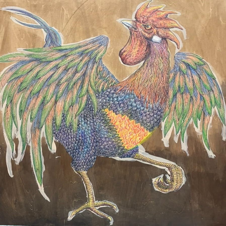 COSMOS GALLERY Handmade Wall Art Dye the Crest Red/Animals Art, Drawing by Colored Pencil and Pen/No Frame