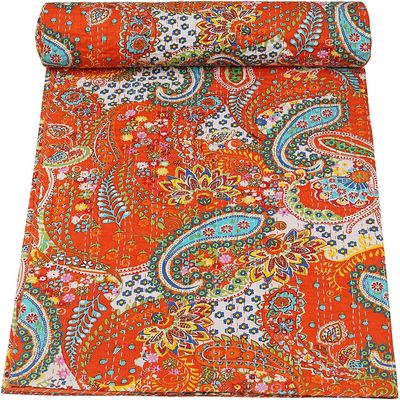 Indian Handmade Pure Cotton Paisley Print Kantha Quilt,Traditional Design Bed Spread, Bed Cover Bedding,Throw Blanket,Village Art (Orange, Twin Size 60" x 90")
