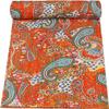 Indian Handmade Pure Cotton Paisley Print Kantha Quilt,Traditional Design Bed Spread, Bed Cover Bedding,Throw Blanket,Village Art (Orange, Twin Size 60" x 90") view 1