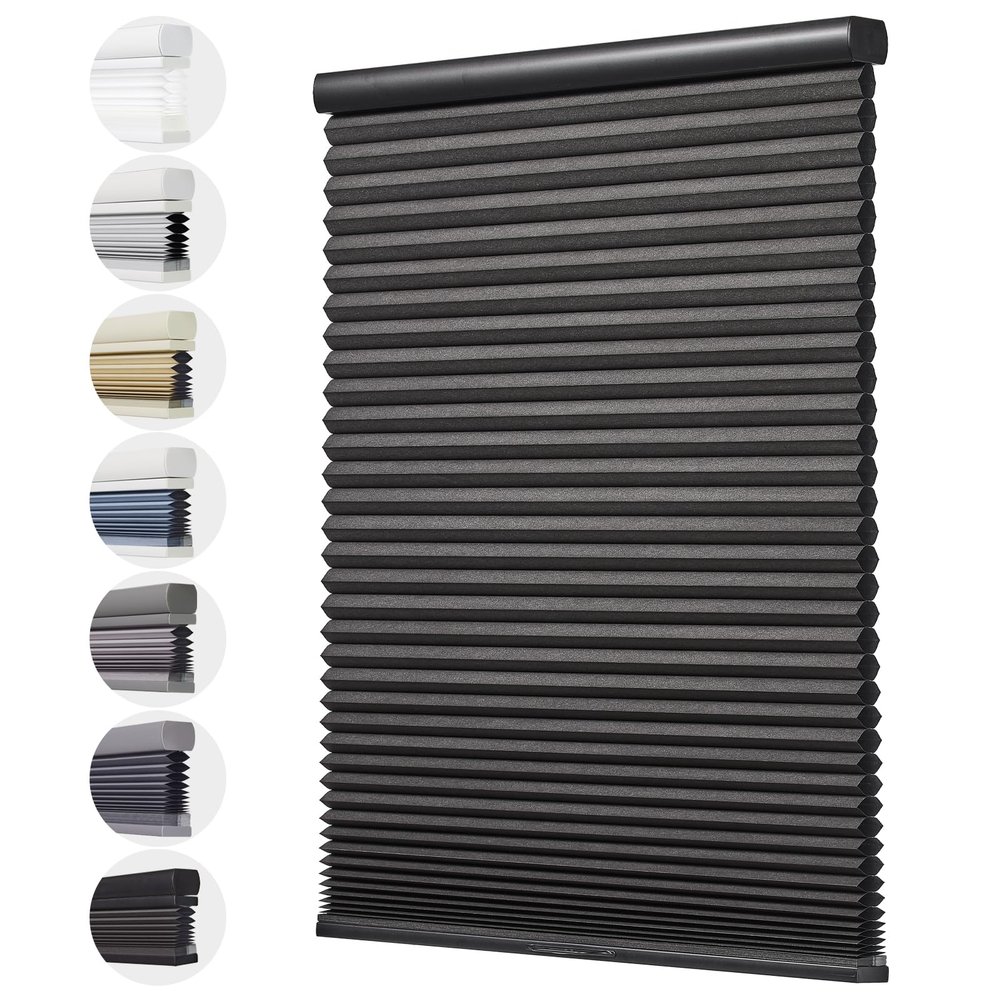 Toanture Custom Cordless Cellular Blinds, Easy to Install Blackout Honeycomb Window Blinds for Shades, Thermal Insulated 1.8" Single Cell Honeycomb Blinds for Bedroom, Office(Black,45.5" W x 60" H)