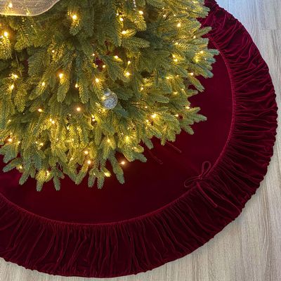 Starry Dynamo 72-Inch Ruffled Velvet Christmas Tree Skirt with Foam Padding, Nylon Backing and Lace-Up Tie Closure, Burgundy