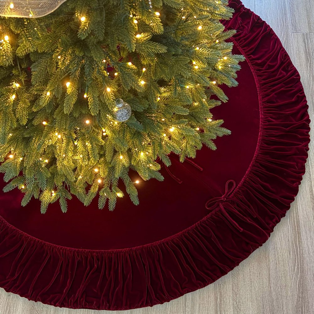 Starry Dynamo 72-Inch Ruffled Velvet Christmas Tree Skirt with Foam Padding, Nylon Backing and Lace-Up Tie Closure, Burgundy