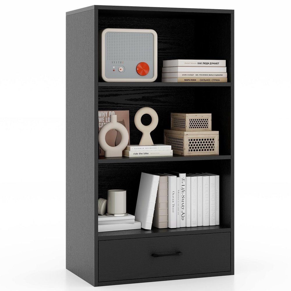 Tangkula 3 Tier Bookcase with Drawer, 42.5Tall Freestanding Bookshelf with 3 Open Shelves & 1 Drawer, Anti-toppling Devices, Modern Display Storage Organizer for Home Office (Black, 42.5" H)