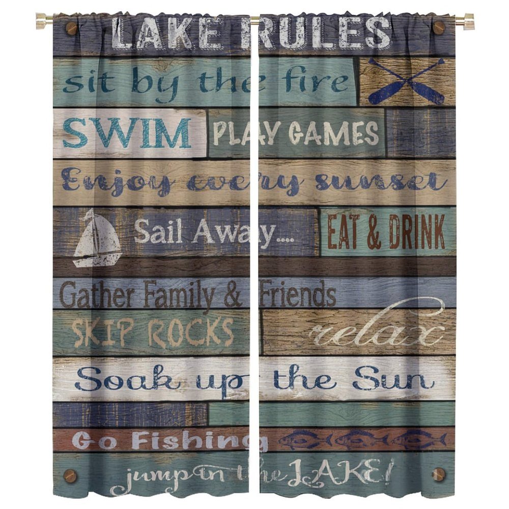 Rustic Camping Rules Curtain Trailer Cabin Camper Travel on Teal Wooden Board Country Farmhouse for Children Room Bedroom Curtains Window Drapes 2 Panels 42x54 Inch