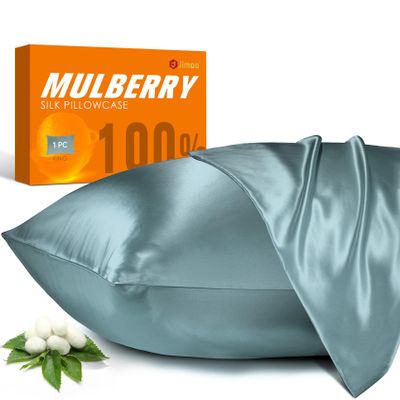 100% Mulberry Silk Pillowcase for Hair and Skin, 22 Momme Pure Natural Silk Pillow Case Both Sided with Zipper, Pillow Cover for Women Mom Men (Airy Blue, King 20''40'', 1 Pack)