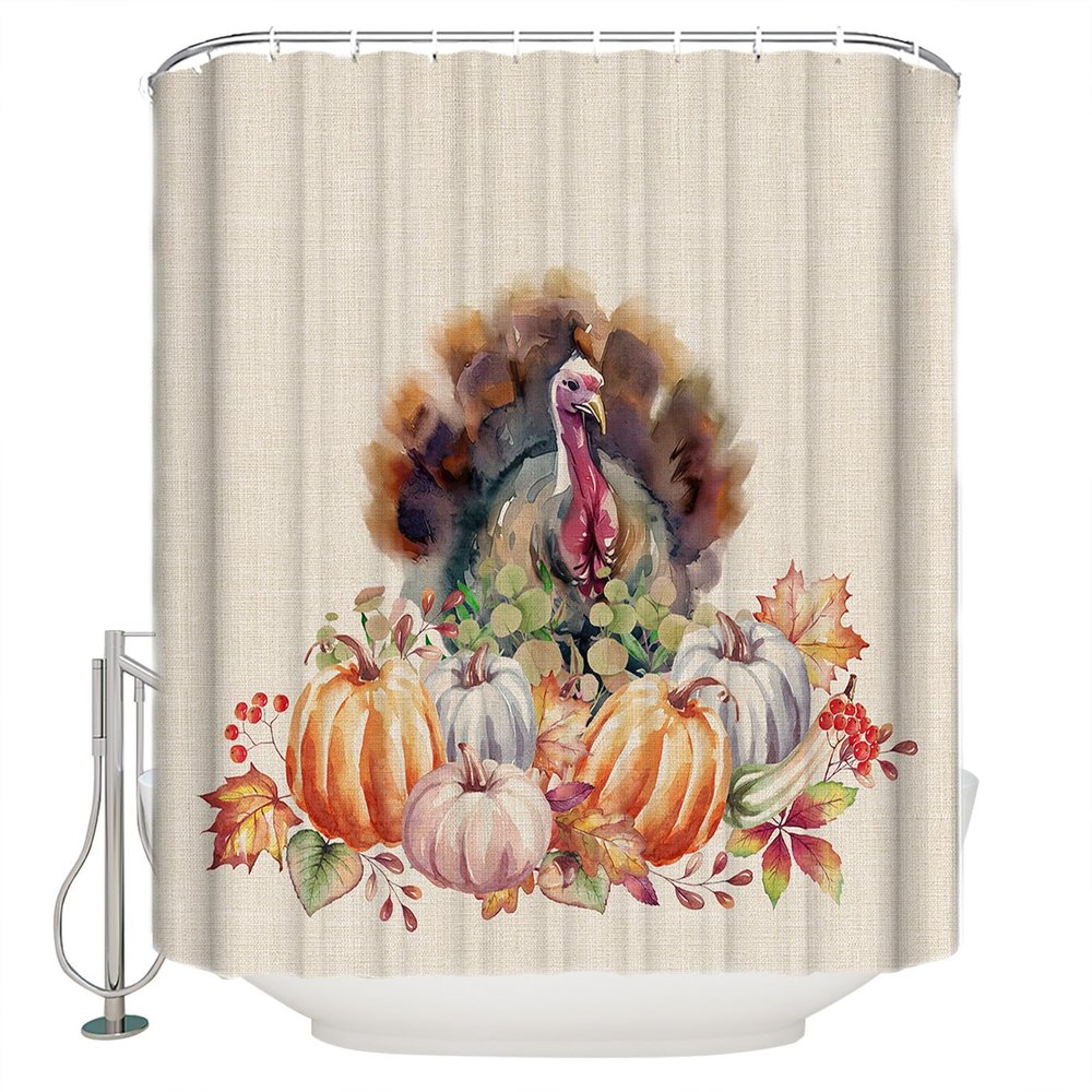 Autumn Turkey Shower Curtain Set with Hook 66"x72",Washable Cloth Polyester Fabric Shower+Curtain,Waterproof Bath Curtains for Bathroom,Bathtubs Accessories Maple Leaves Seasonal Harvest Pumpkins