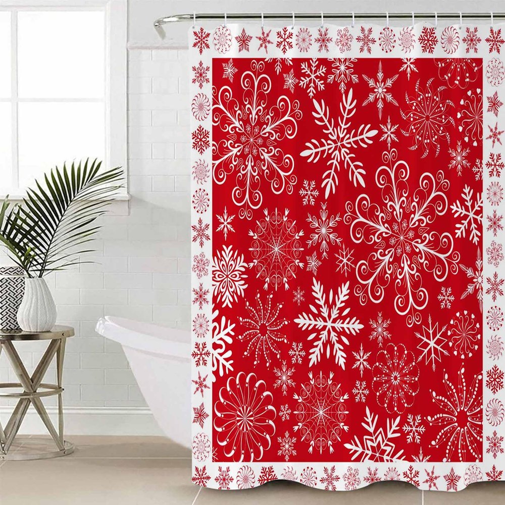 Christmas Shower Curtain Set with Hook 60"x72",Washable Cloth Polyester Fabric Shower+Curtain,Waterproof Bath Curtains for Bathroom,Bathtubs Decor Accessories Red Merry Xmas Snowflake Winter Holiday