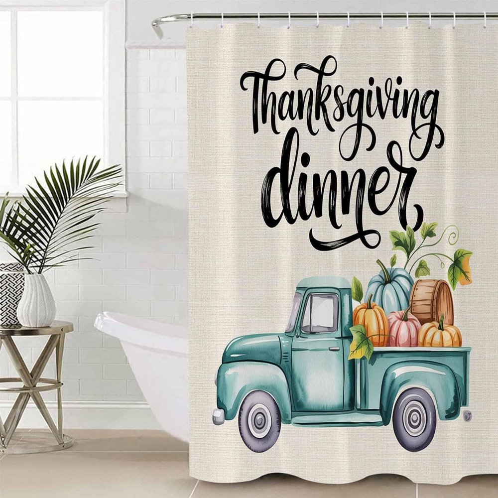 Thanksgiving Truck Shower Curtain Set with Hook 60"x72",Washable Cloth Polyester Fabric Shower+Curtain,Waterproof Bath Curtains for Bathroom,Bathtubs Accessories Fall Harvest Pumpkin Eucalyptus Barrel