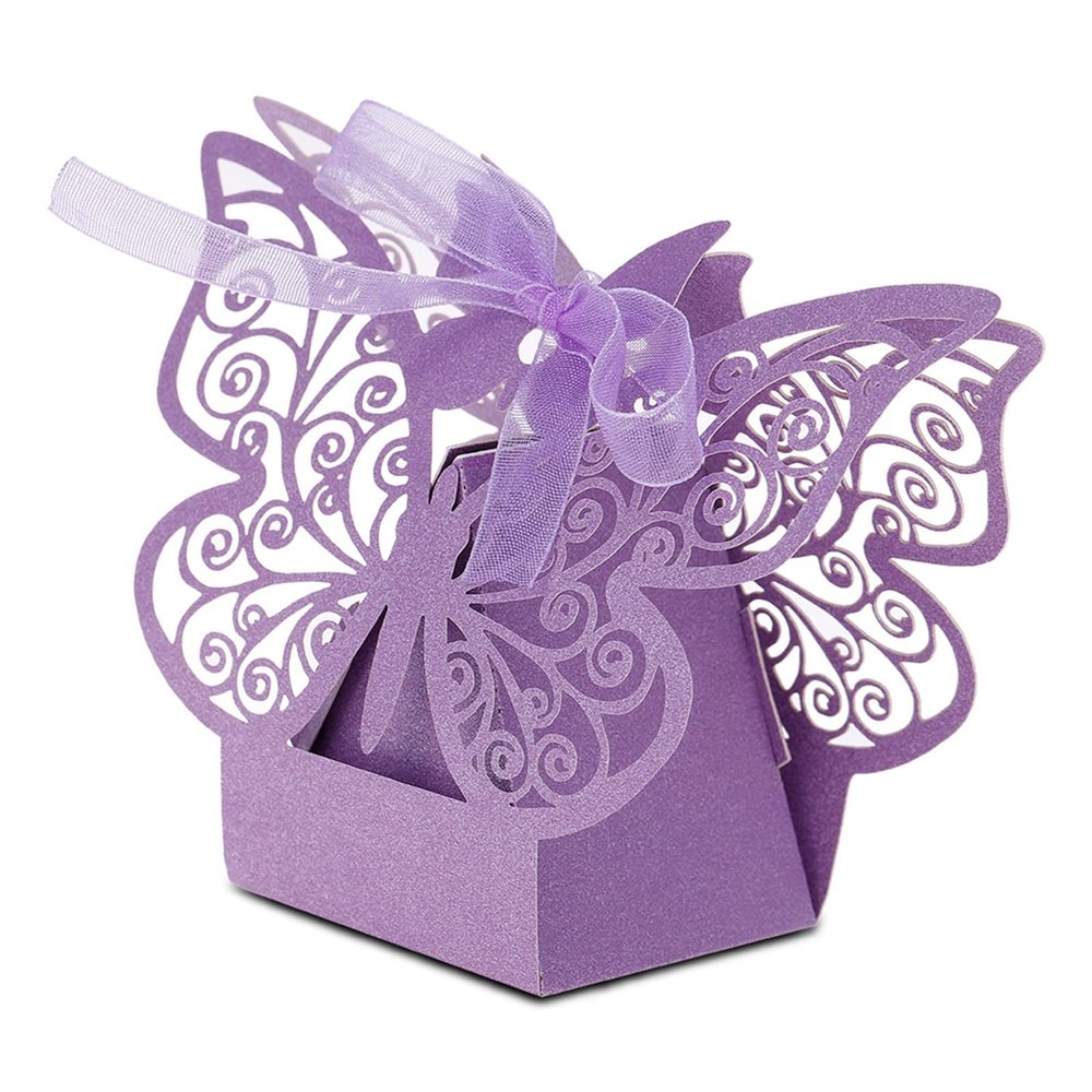 100PCS Butterfly-Pattern Paper Candy Box, Wedding Favor Sugar Chocolate Boxes for Bridal Birthday Party (Purple)