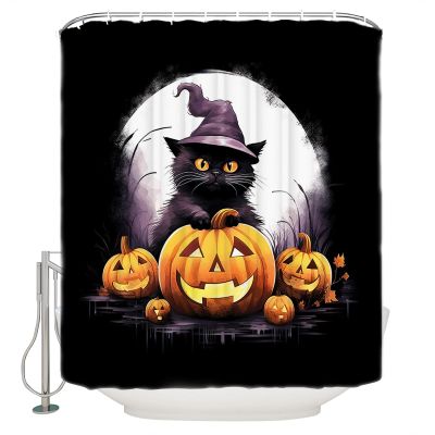 Halloween Shower Curtain Set with Hook 60"x72",Washable Cloth Polyester Fabric Shower+Curtain,Waterproof Bath Curtains for Bathroom,Bathtubs Decor Accessories Watercolor Pumpkin Cat Moon Horror Black