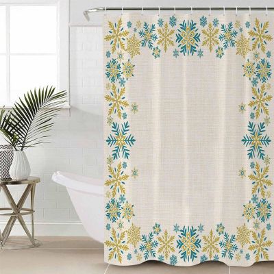 Christmas Farmhouse Shower Curtain Set with Hook 36"x72",Washable Cloth Polyester Fabric Shower+Curtain,Waterproof Bath Curtains for Bathroom,Bathtubs Accessories Winter Xmas Snowflakes Turquoise Gold