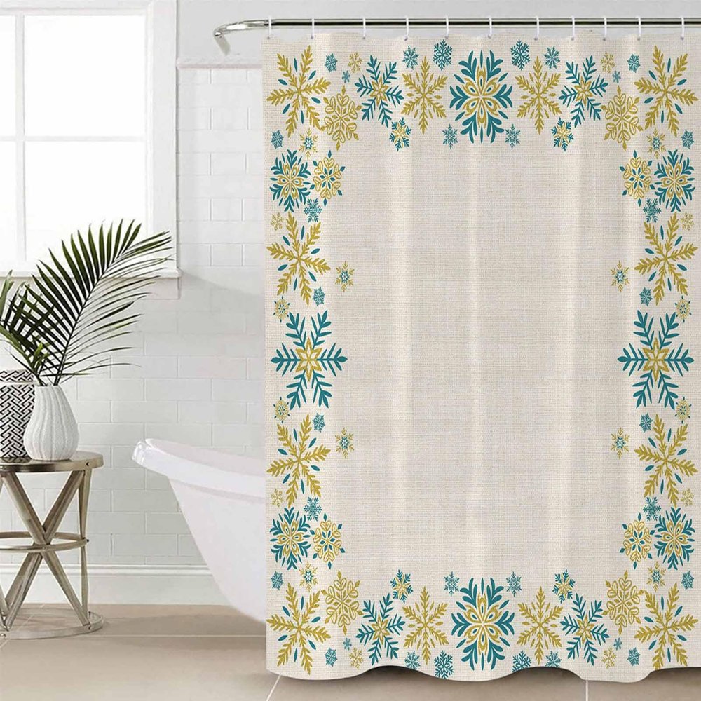 Christmas Farmhouse Shower Curtain Set with Hook 36"x72",Washable Cloth Polyester Fabric Shower+Curtain,Waterproof Bath Curtains for Bathroom,Bathtubs Accessories Winter Xmas Snowflakes Turquoise Gold