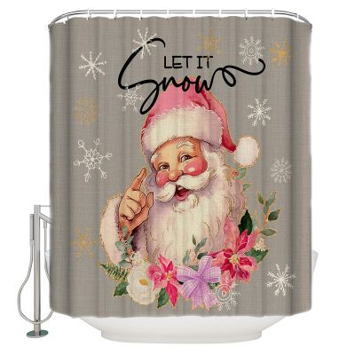 Christmas Shower Curtain Set with Hook 72"x96",Washable Cloth Polyester Fabric Shower+Curtain,Waterproof Bath Curtains for Bathroom Accessories Santa Claus Winter Snowflakes Flower Grey Pink Gold