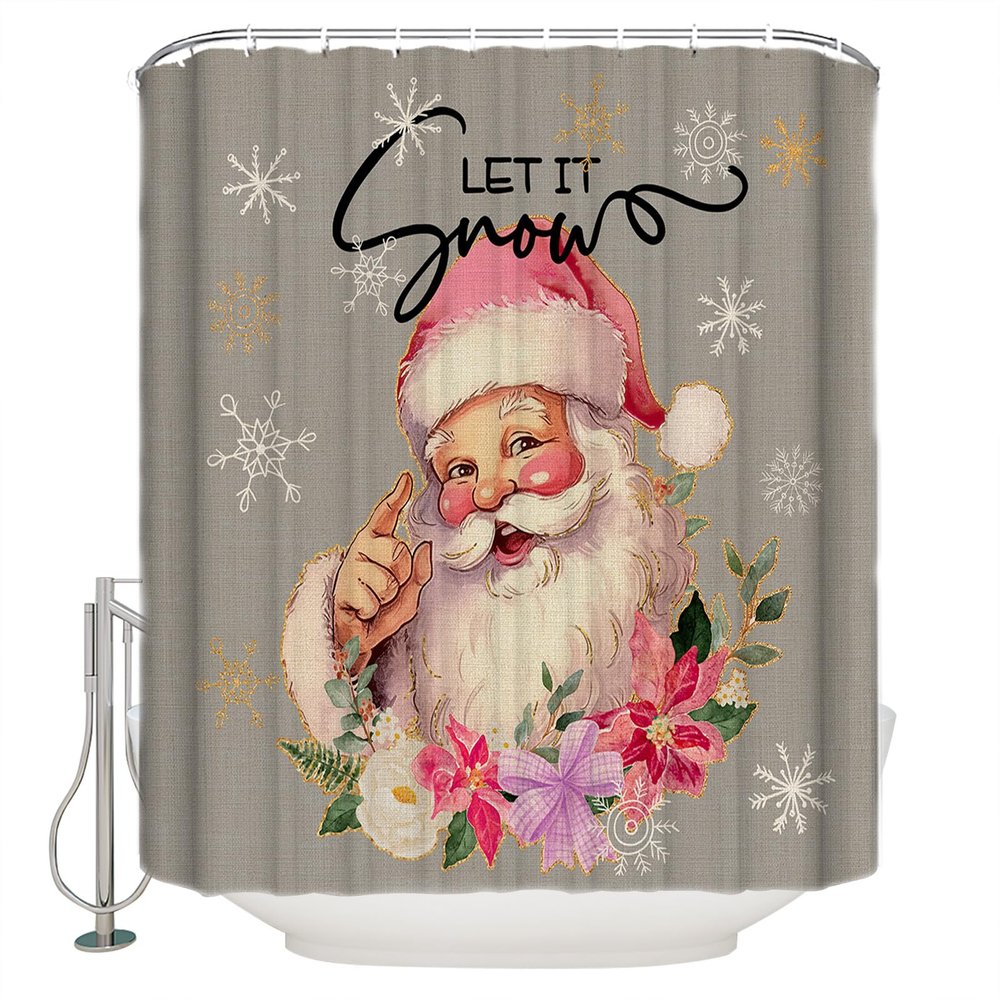 Christmas Shower Curtain Set with Hook 72"x96",Washable Cloth Polyester Fabric Shower+Curtain,Waterproof Bath Curtains for Bathroom Accessories Santa Claus Winter Snowflakes Flower Grey Pink Gold