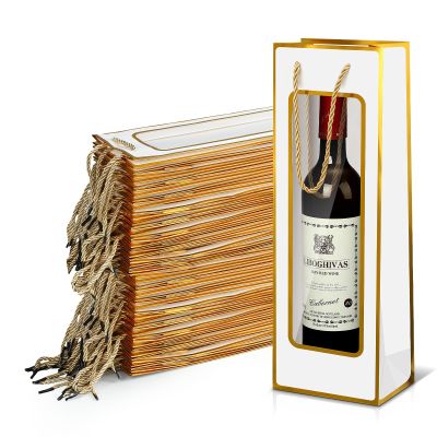 Yeaqee 50 Pcs Wine Gift Bags for Bottles 4.92" x 3.35" x 14.2" Reusable Clear Window Wine Bottle Bags Bulk with Handles for Weddings, Birthday