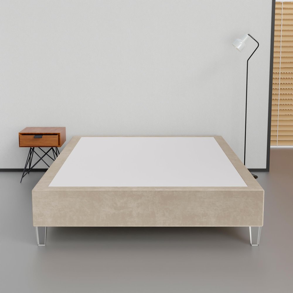 Greaton, 15-Inch Premium Velvet Material Wood Platform Bed, Durable, Stylish, Multi Colour Options, No Box Spring Needed, Acrylic Legs, Queen, Beige