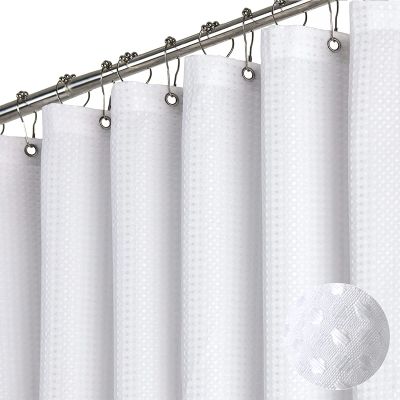 Dynamene Stall Fabric Shower Curtain - 60 x 84 inch Long Waffle Weave Weighted Thick Cloth Shower Curtain for Bathroom, Neutral Heavy Duty Hotel Spa Luxury Shower Curtain Set with 10 Hook, White