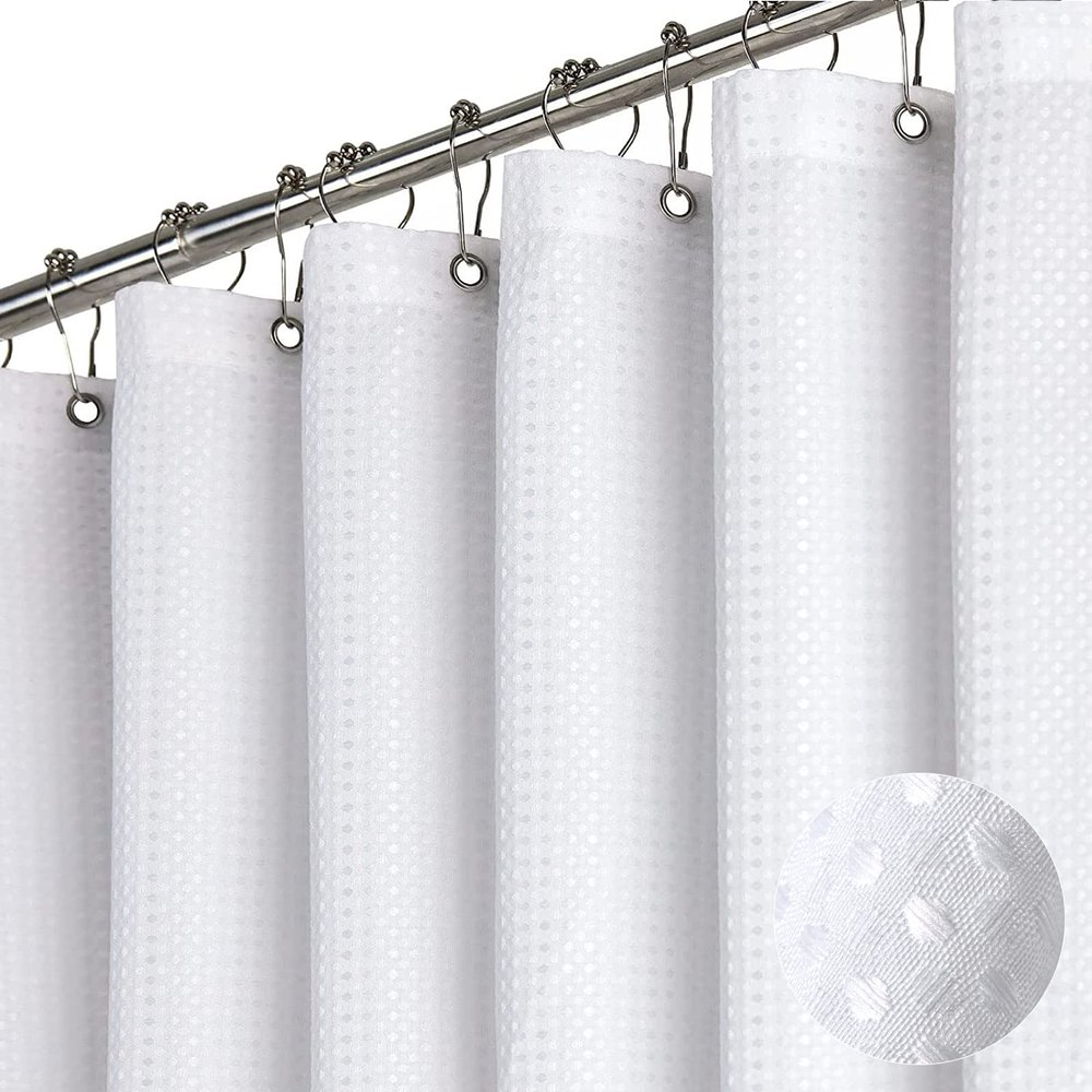 Dynamene Stall Fabric Shower Curtain - 60 x 84 inch Long Waffle Weave Weighted Thick Cloth Shower Curtain for Bathroom, Neutral Heavy Duty Hotel Spa Luxury Shower Curtain Set with 10 Hook, White