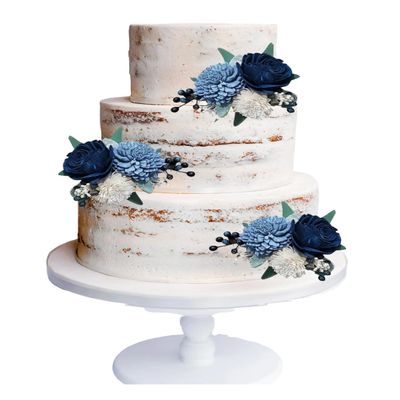 3PC Navy Dusty Blue & White Wedding Cake Flowers made of Sola Wood, Reusable Wooden DIY Cake Flowers, Graduation Cake Decor, Blue Cake Topper