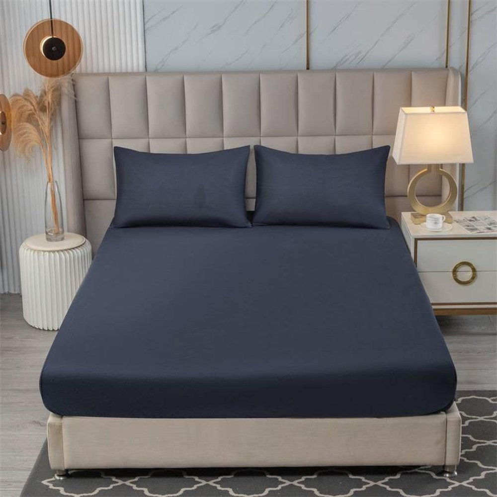 FCLDESHOP Deep Pocket Mattress Topper,Solid Color Brushed Waterproof and Breathable Bedding Sheets, Hotel Holiday Home Non-Slip Mattress Protector,Navy Blue,200 * 220cm (3pcs)