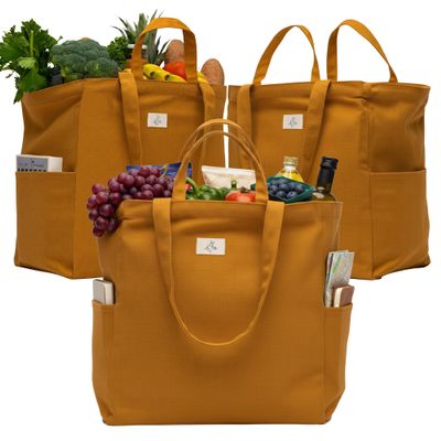 Nook Theory 3-Pack Reusable Grocery Bags - Heavy Duty, Large 12 Oz Cotton Canvas Reusable Shopping Bags With Pockets, 100% Cotton Cloth Grocery Totes, Foldable Multi Compartment (Caramel)