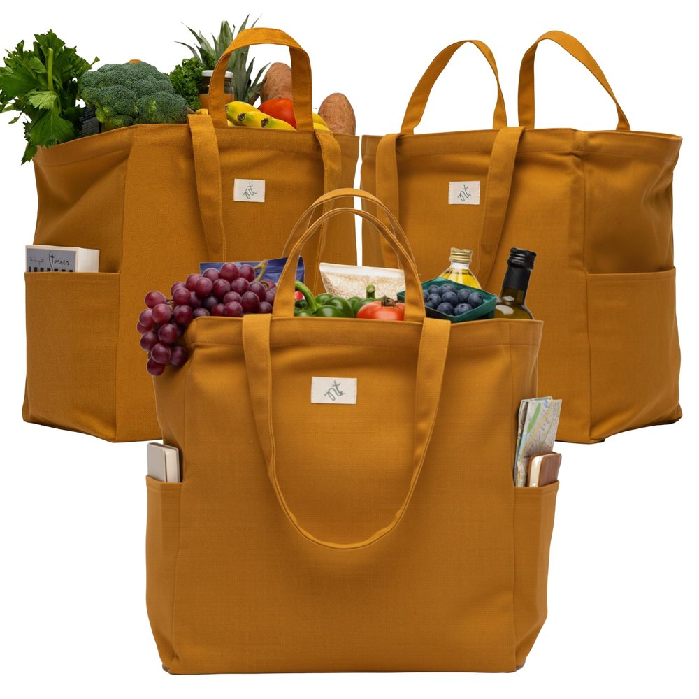 Nook Theory 3-Pack Reusable Grocery Bags - Heavy Duty, Large 12 Oz Cotton Canvas Reusable Shopping Bags With Pockets, 100% Cotton Cloth Grocery Totes, Foldable Multi Compartment (Caramel)